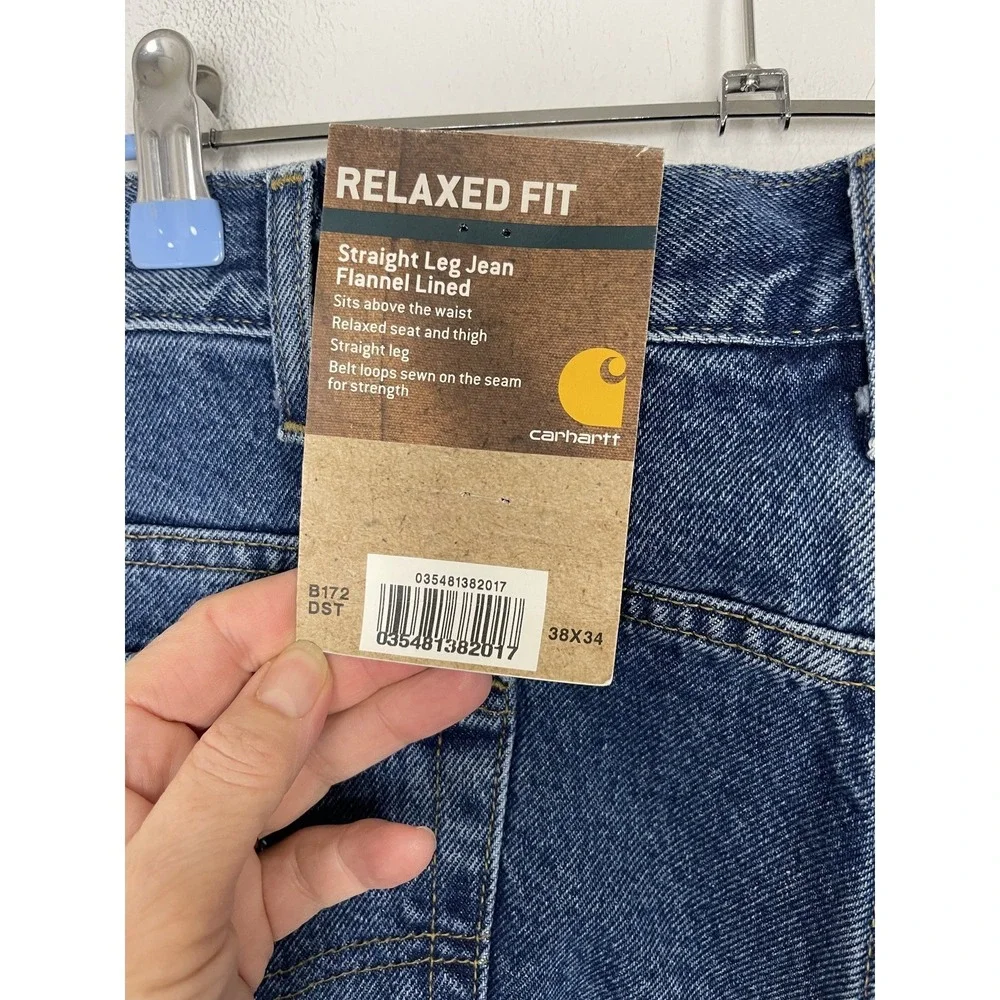 Carhartt Mens Jeans 38x34 Relaxed Fit Straight Leg Flannel Lined Denim Work‎ NWT
